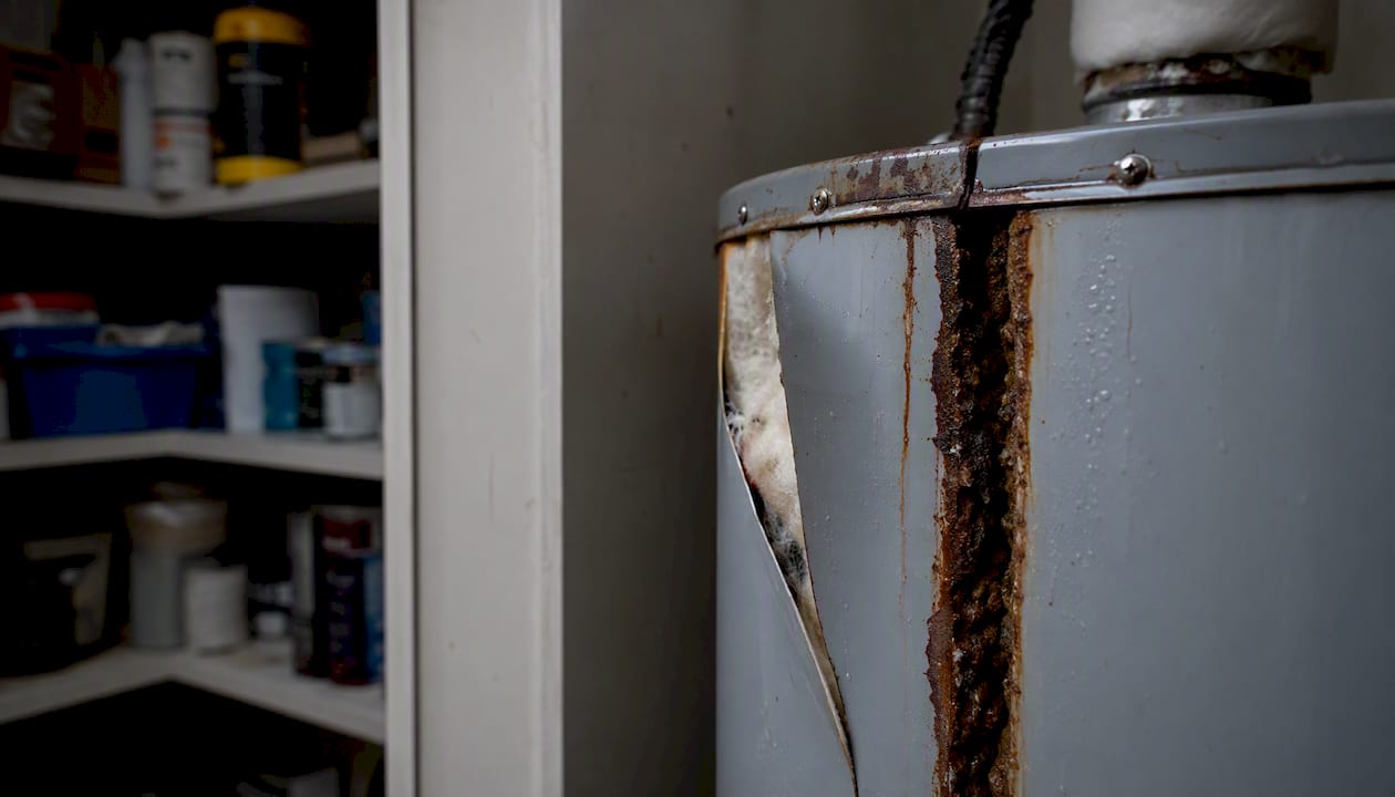 Rust and corrosion under water heater insulation jacket
