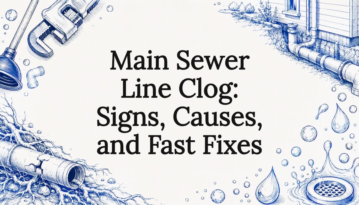 Decorative title card with plumbing and sewer line sketches