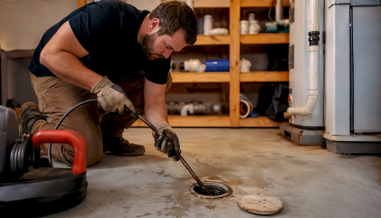 Plumber clearing sewer line with mechanical root cutter