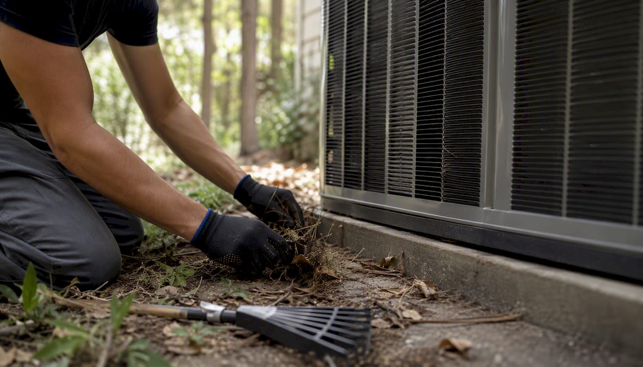 Hands cleaning dirt near outdoor AC condenser