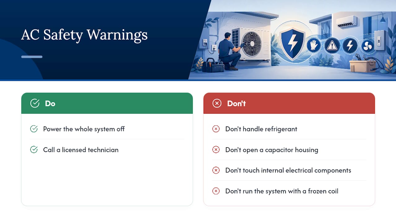 Diagram of AC safety warnings and proper repair steps