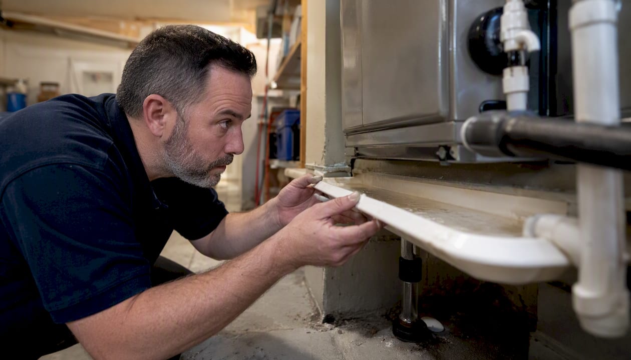Hands inspecting AC secondary drip pan