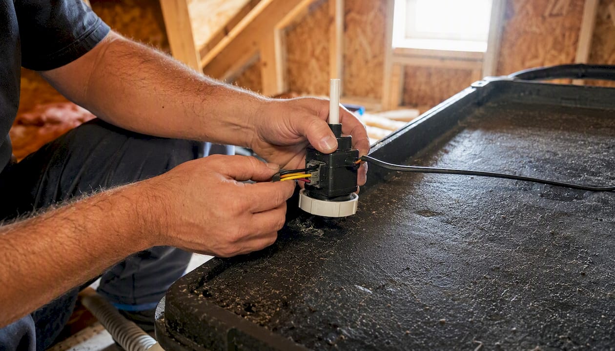 Technician installing AC drain pan float switch