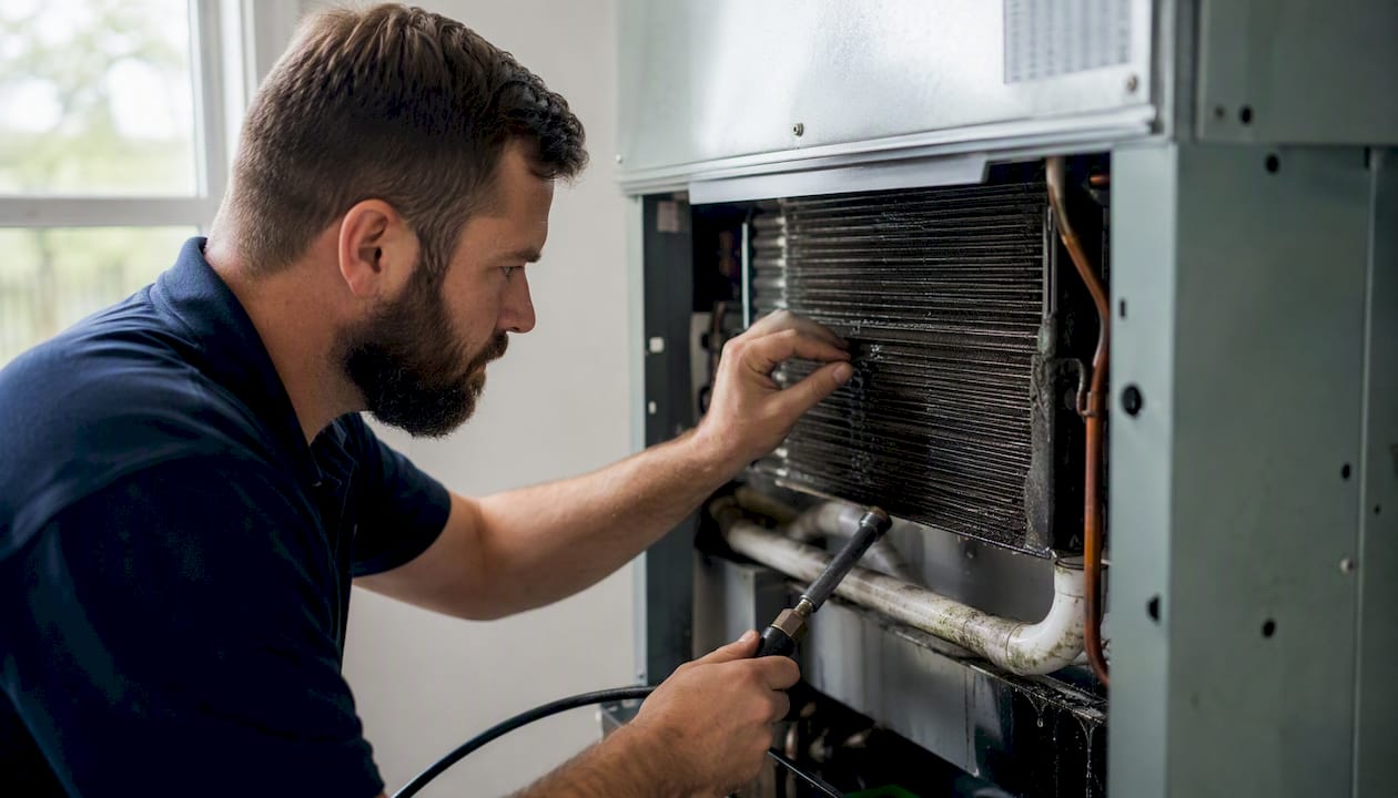 HVAC technician inspecting AC coil and drain line