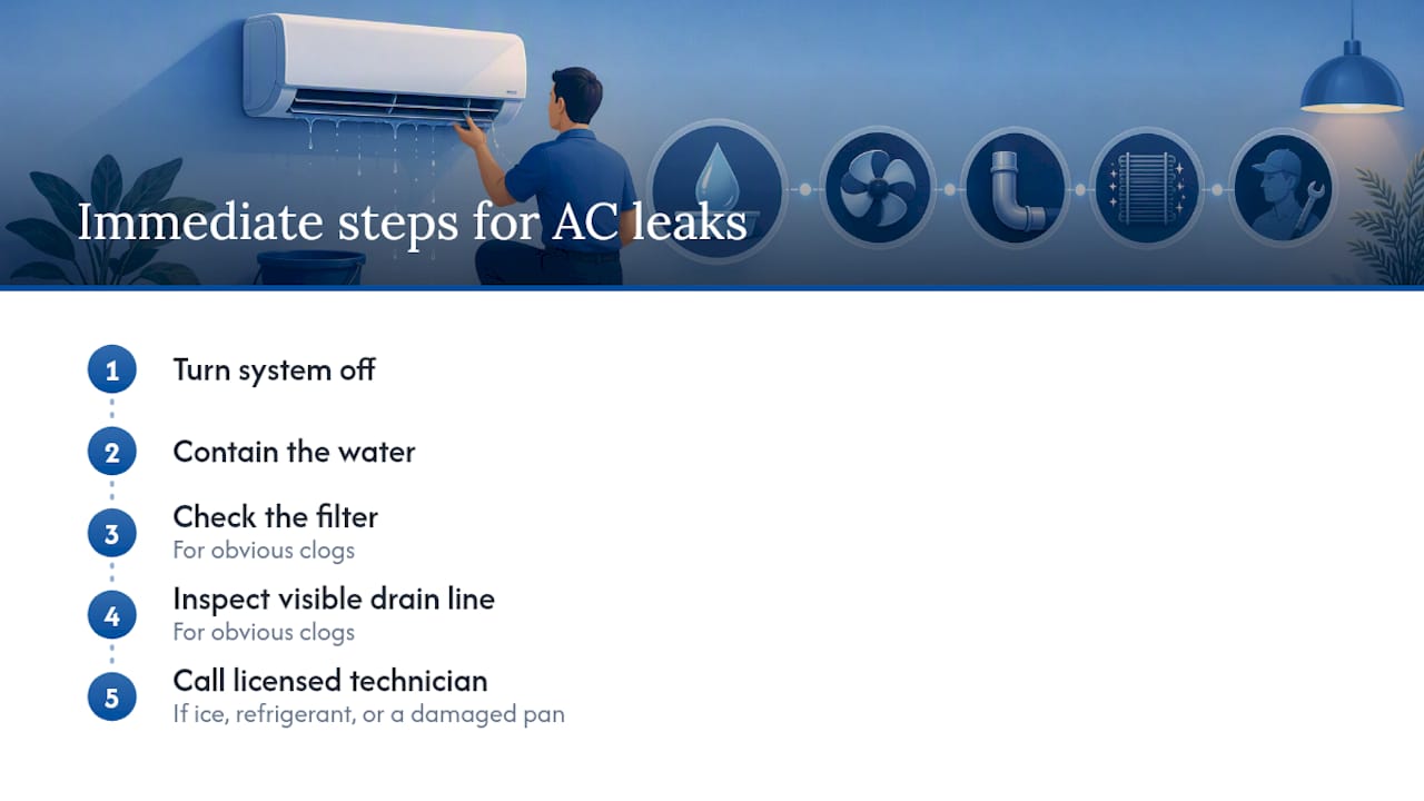 Diagram of steps to take when AC leaks water