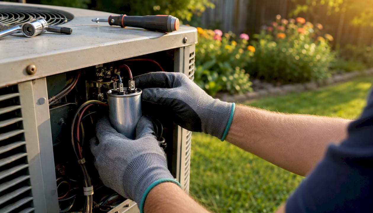 Technician hands removing AC capacitor
