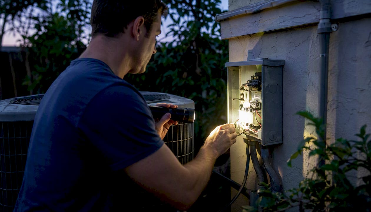 Hands shining flashlight on AC outdoor disconnect box