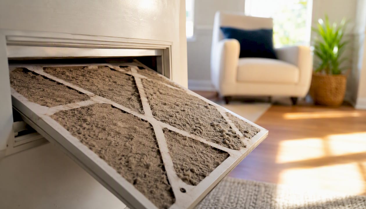 Clogged HVAC air filter close-up