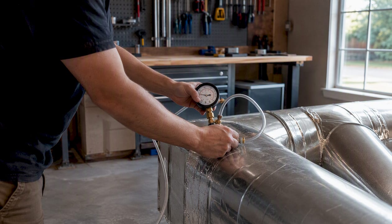 Technician hands performing HVAC pressure test