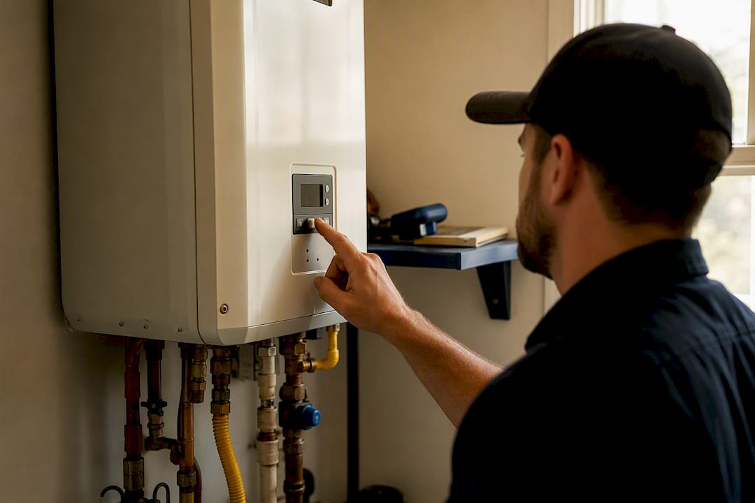Hands using controls on tankless water heater