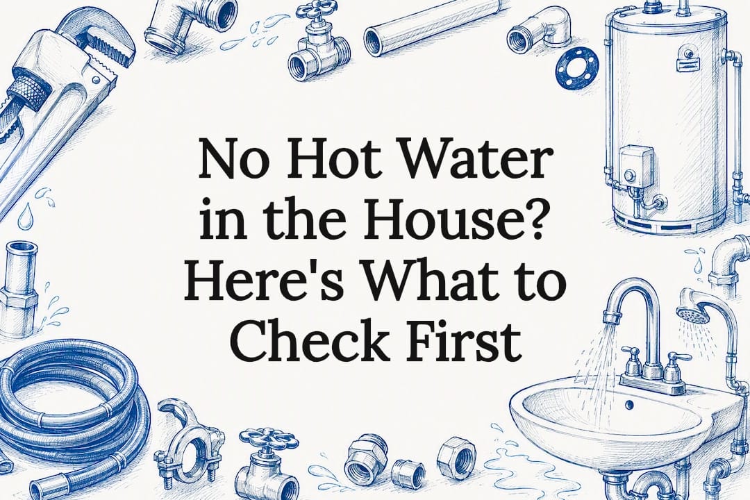 Decorative title card plumbing and water heater illustration