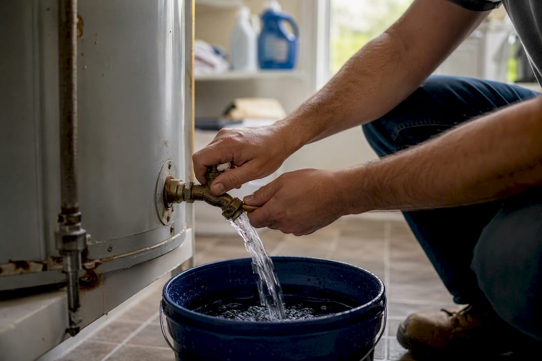 Hands flushing sediment from water heater tank