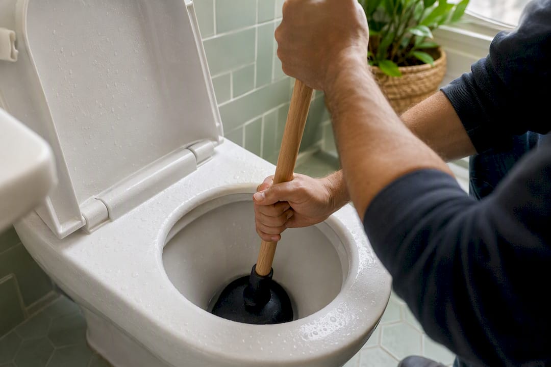 Hands using flange plunger on toilet drain
