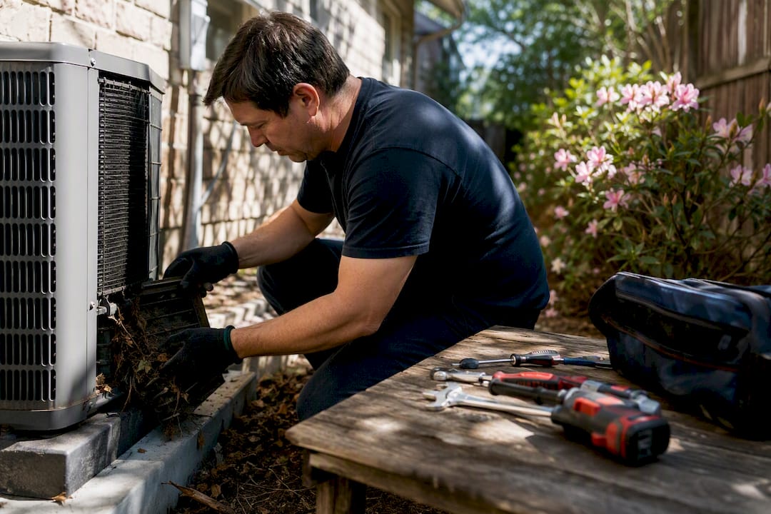Technician cleaning outdoor AC unit