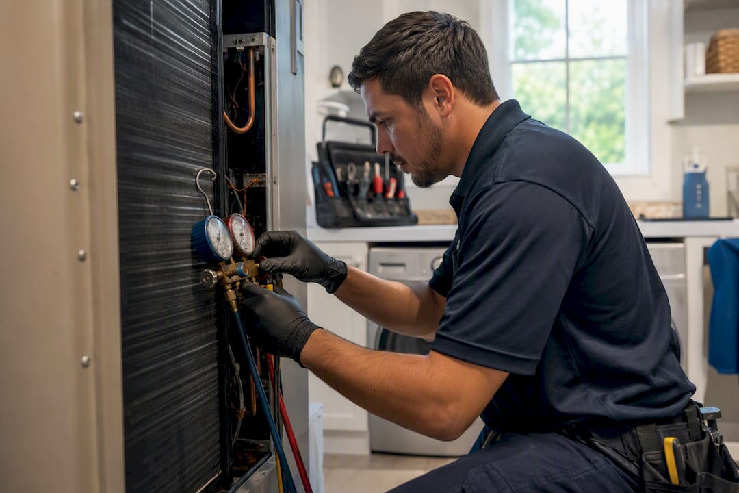 HVAC technician cleaning coils and inspecting system