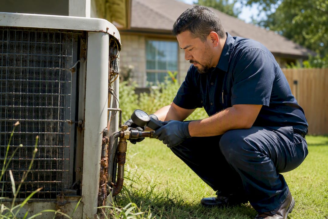 Technician examining aging AC unit outdoors