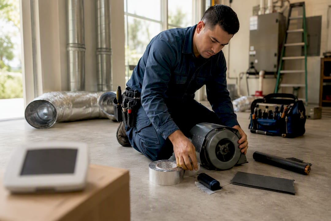 Technician hands preparing AC replacement components indoors