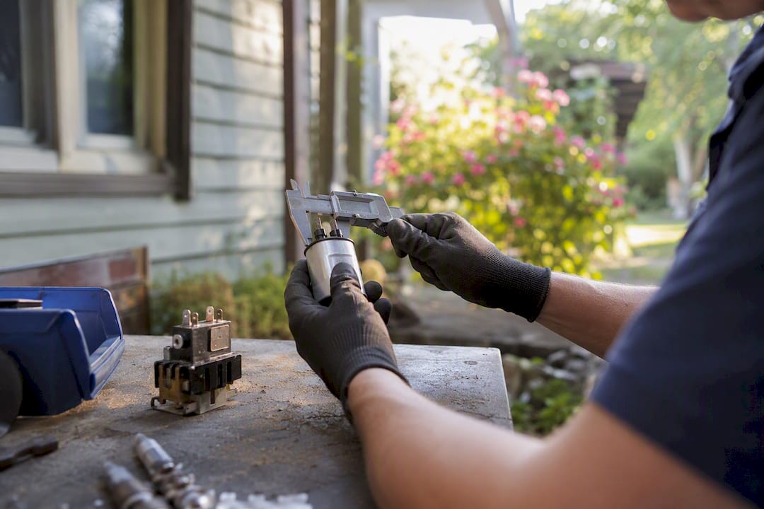 Hands measuring HVAC repair part with caliper