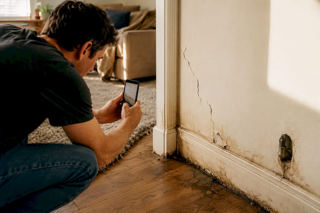 Homeowner photographing water damage