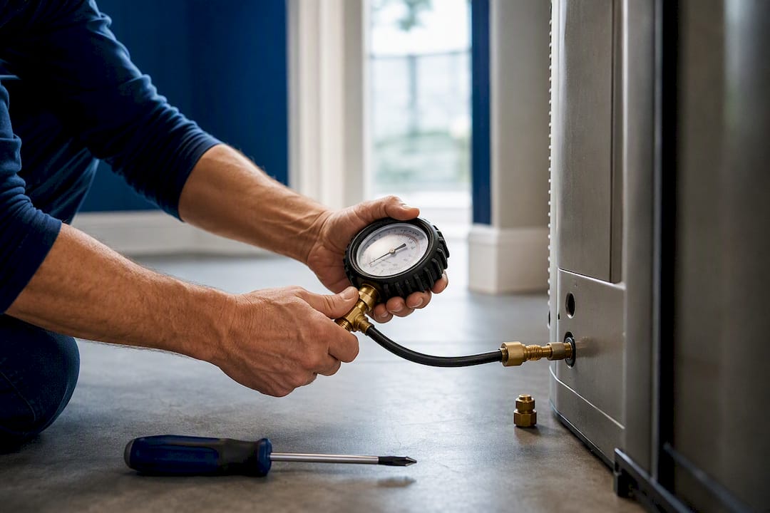 Technician connecting an HVAC pressure gauge