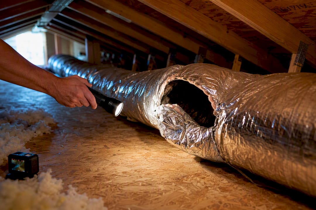 Flattened ductwork visible in an attic