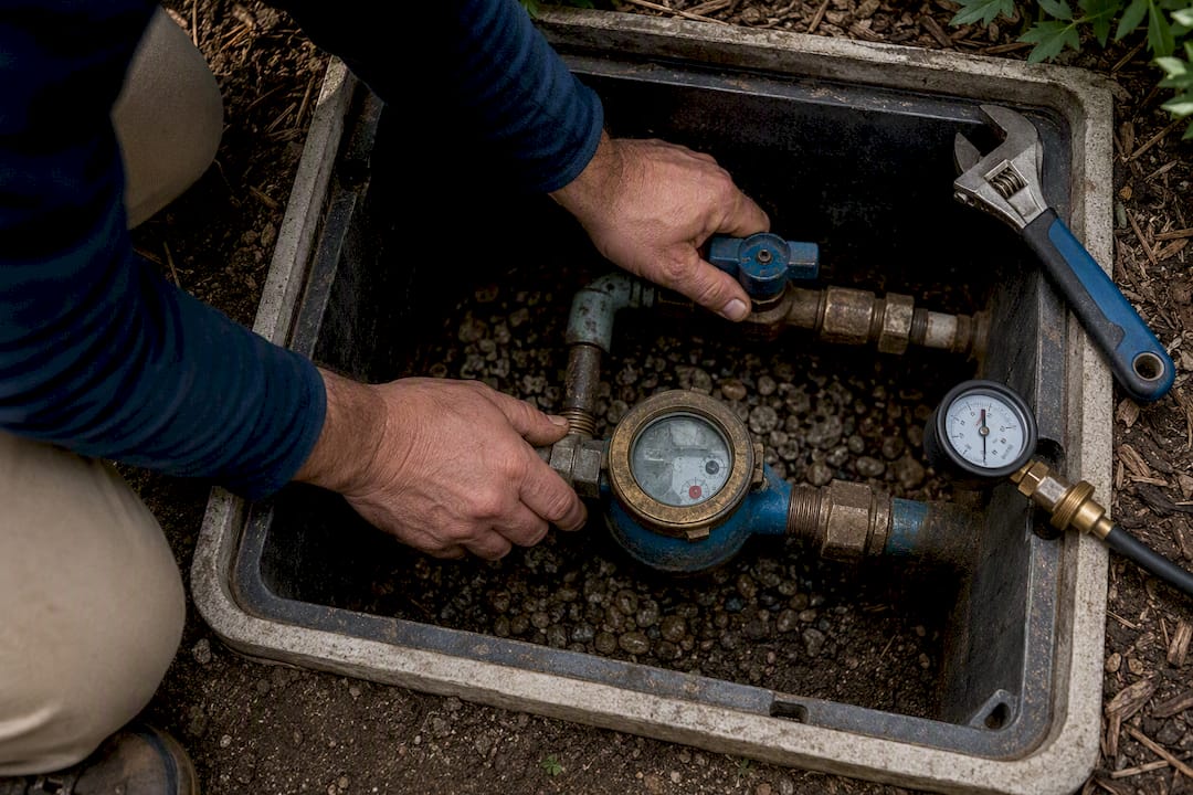 Technician inspecting water meter and shutoff