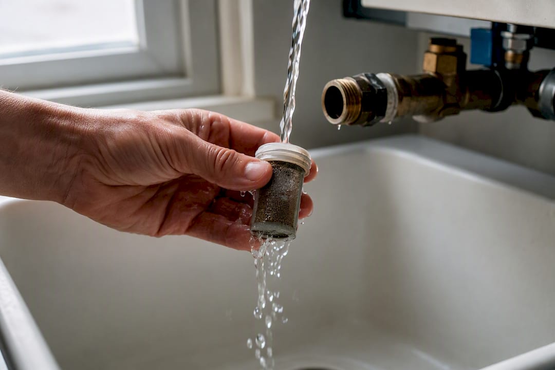Mesh inlet filter being rinsed clean