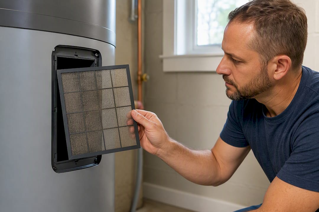 Air filter inspected beside heat pump heater