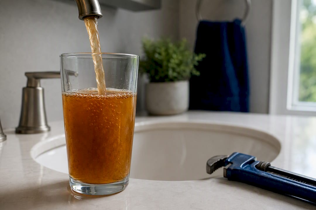 Rust-colored water in a clear glass