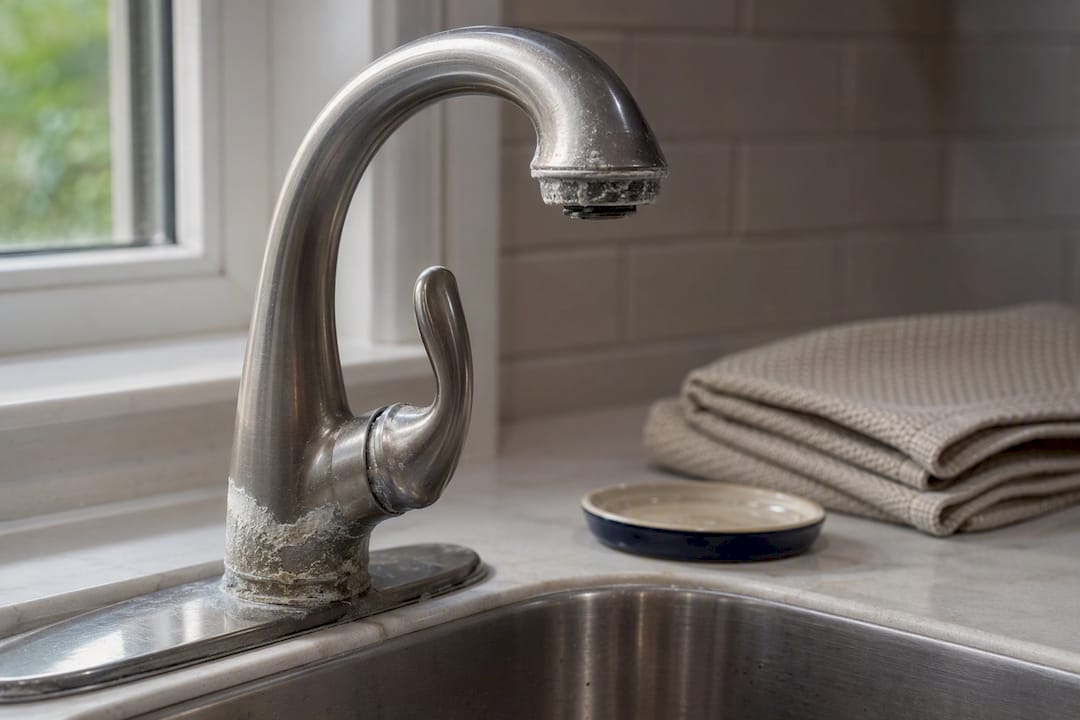 Mineral buildup around a kitchen faucet