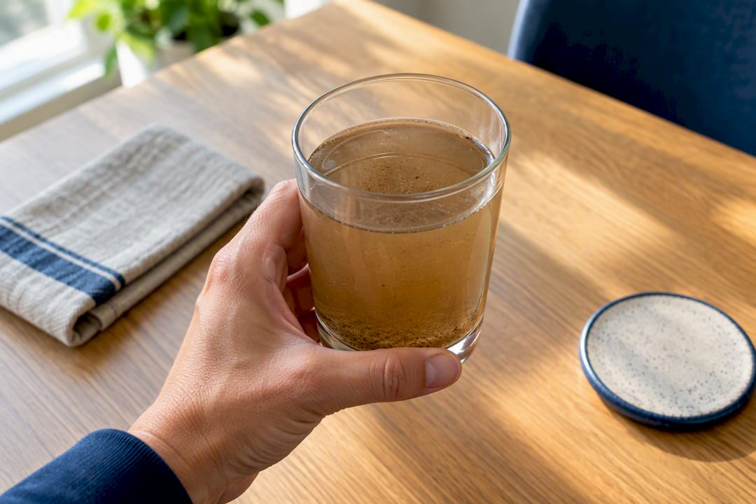 Hand holding glass of brown tap water