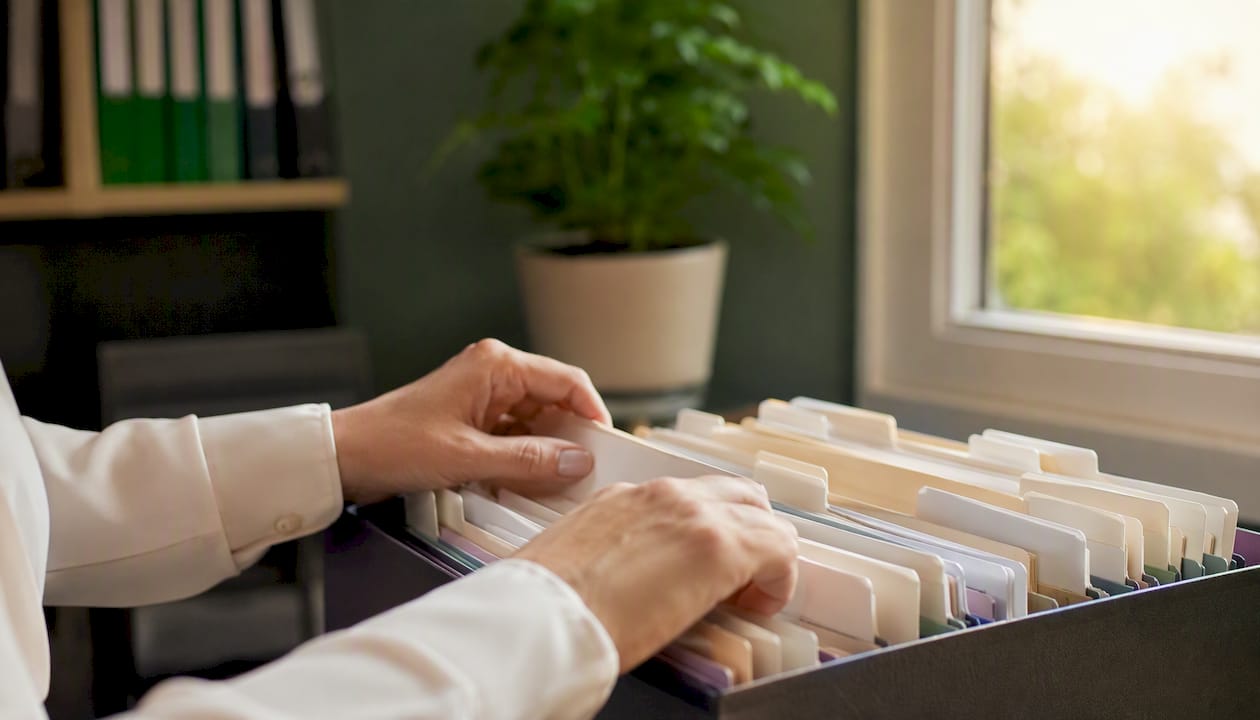 Hands organizing claim files in medical billing