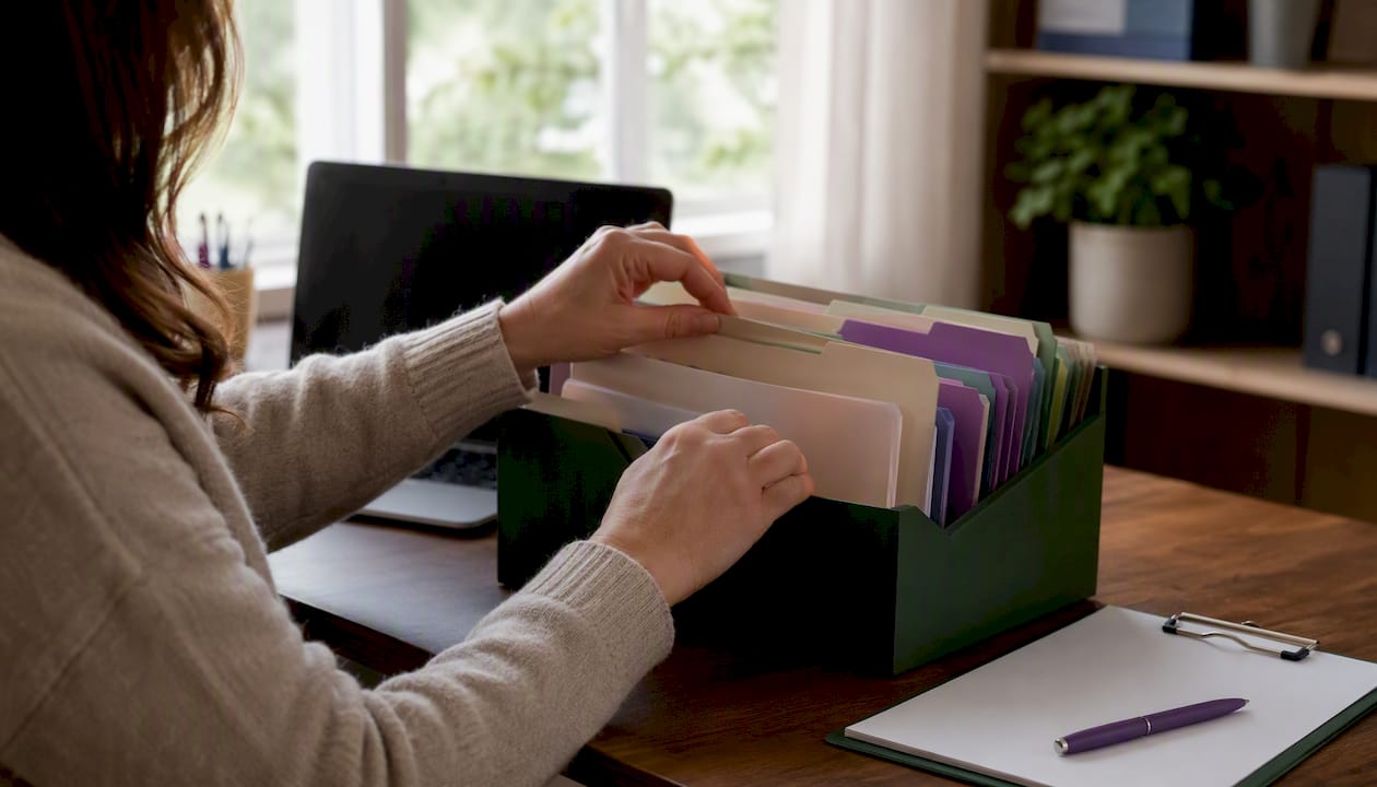 Hands sorting medical billing claim folders