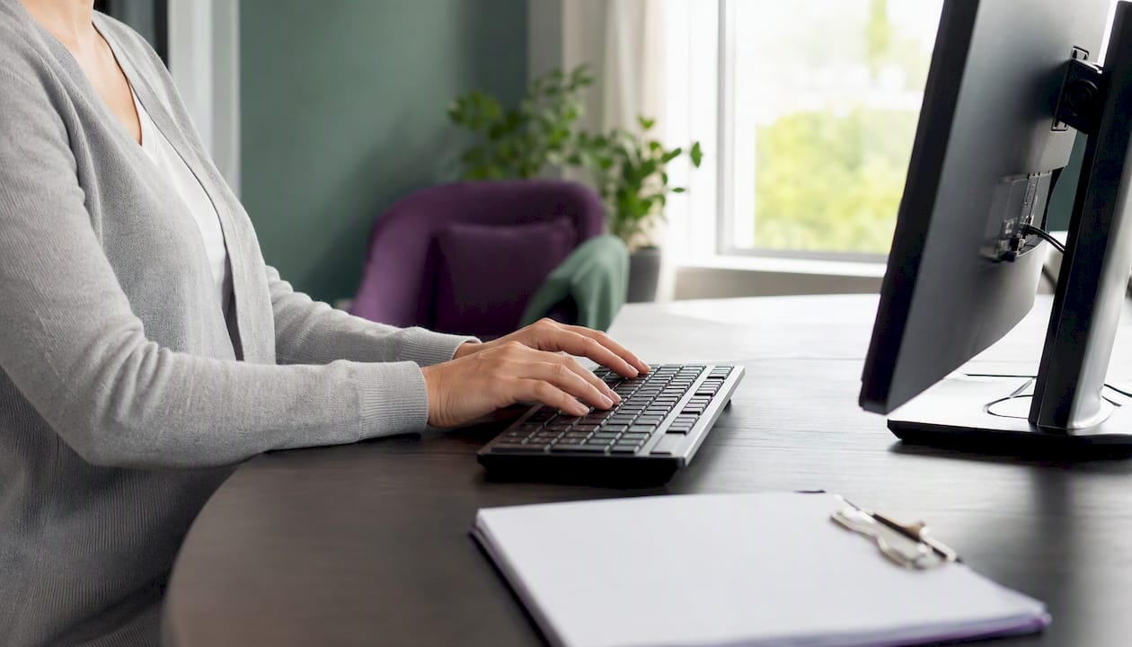 Hands typing clinical documentation checklist