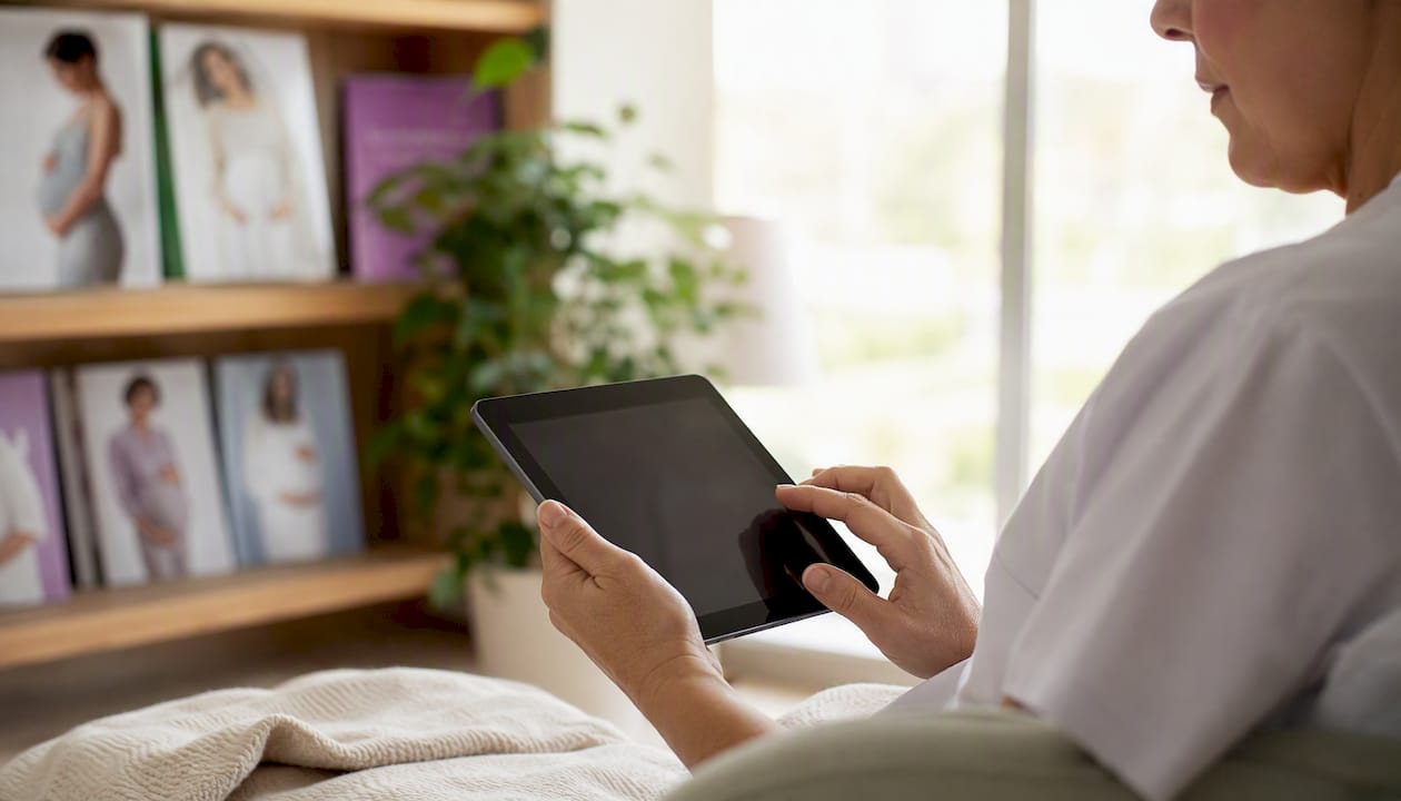 Hands coding pregnancy ICD-10 on tablet