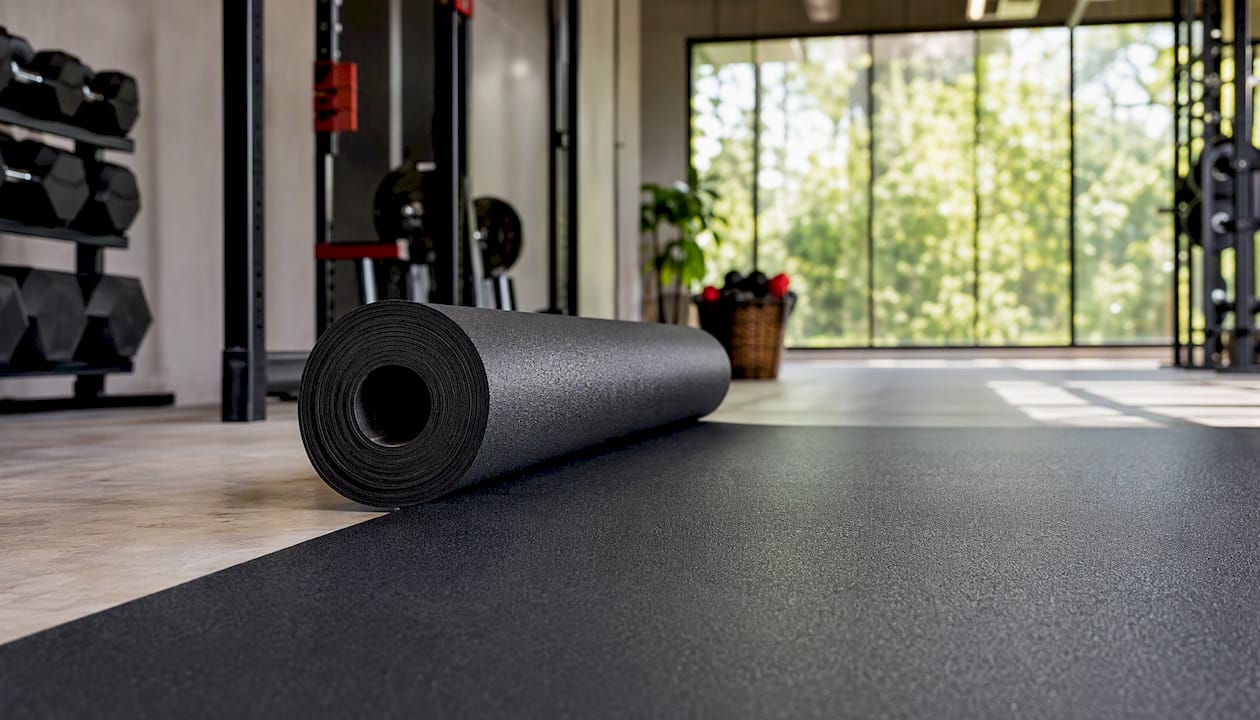 Pavimentazione in gomma continua lungo il corridoio della palestra