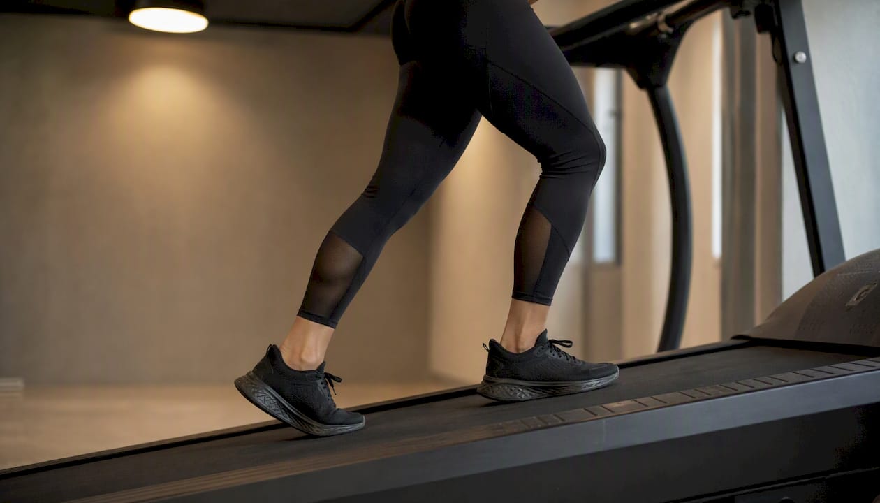 Camminare sul tapis roulant inclinato mette in risalto i muscoli delle gambe, mostrando la forza e la definizione di ogni movimento.
