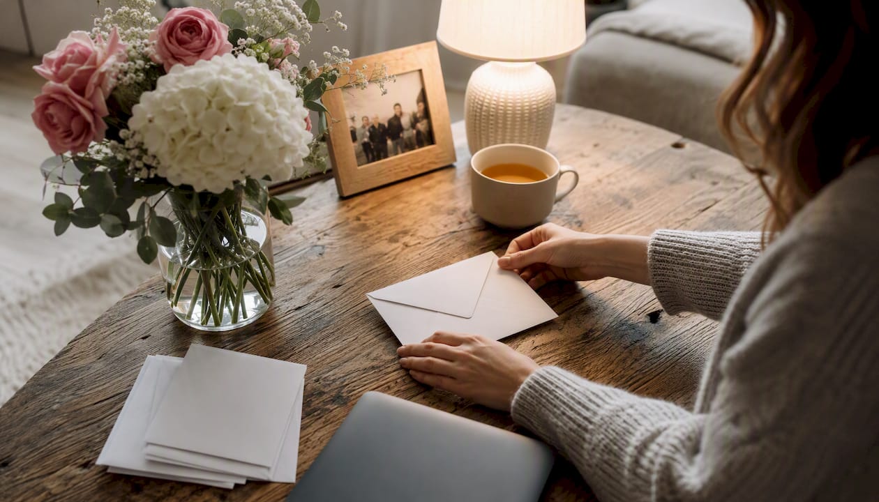 Hands placing thank-you mail with coffee nearby