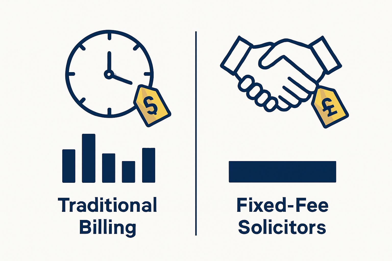 Infographic comparing traditional hourly billing versus fixed-fee solicitor pricing