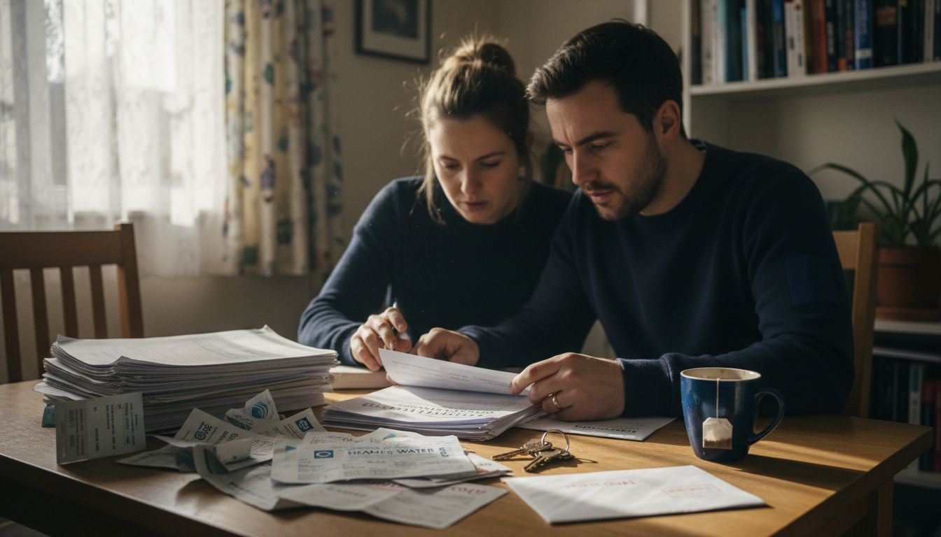 Couple reviewing conveyancing contract at home