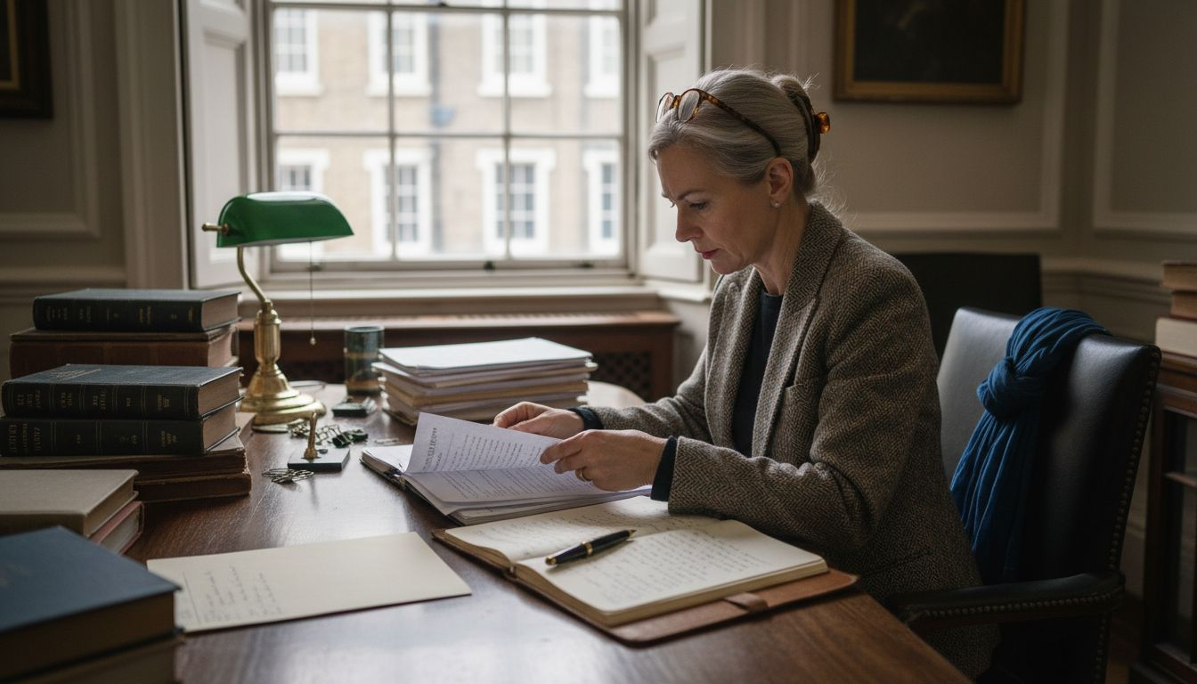 Solicitor reading contracts at meeting table
