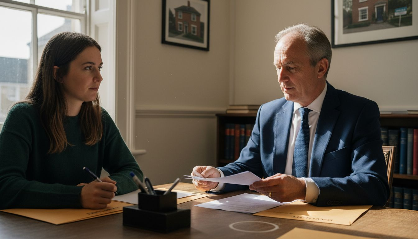 Solicitor and buyer exchanging property contracts