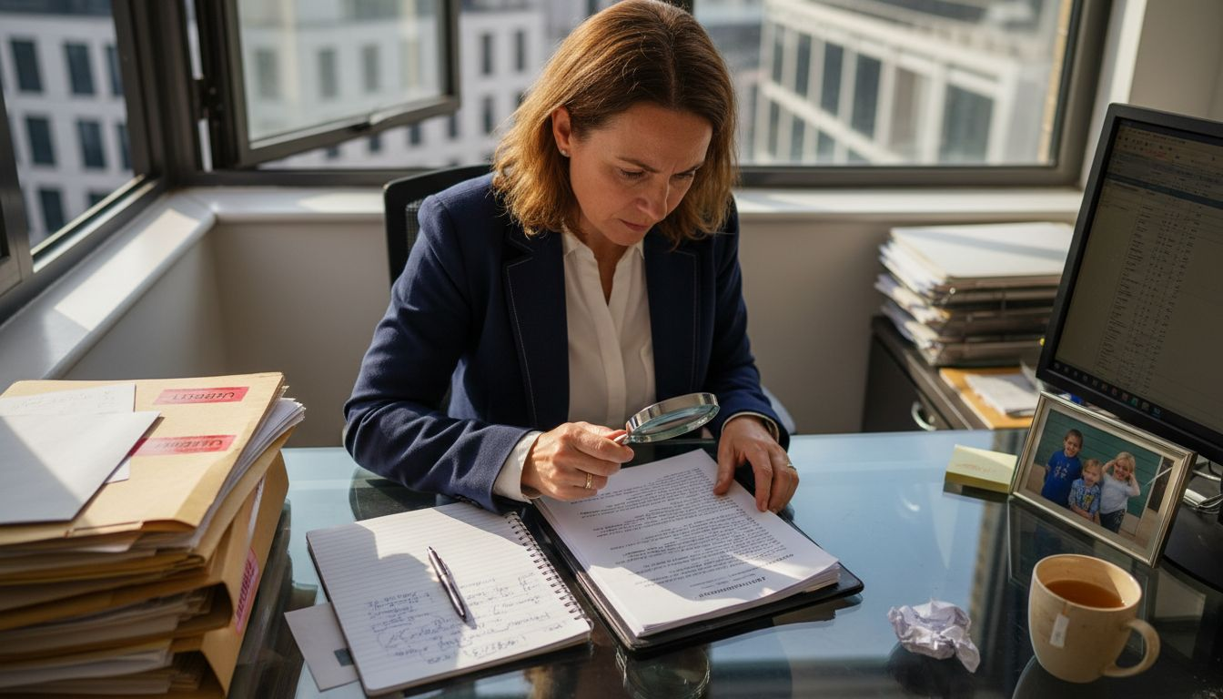 Solicitor examining property contract at desk