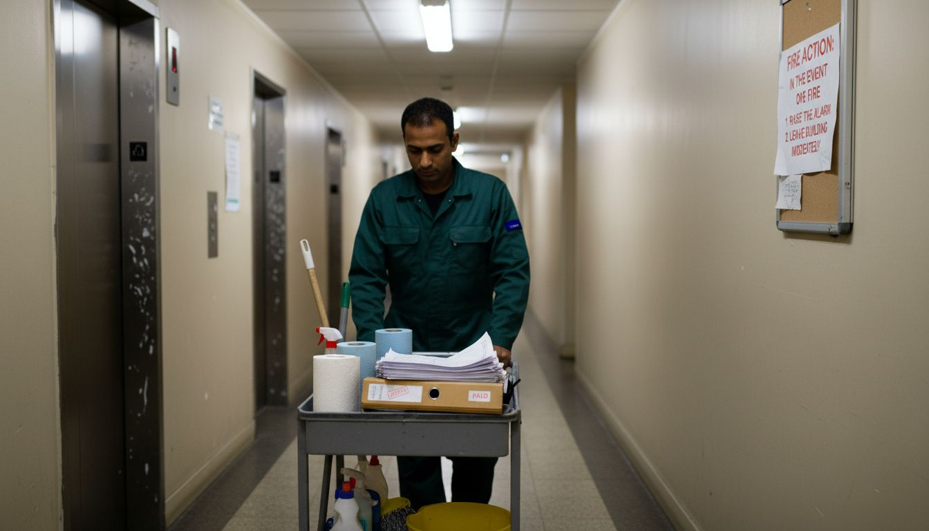 Maintenance worker in London apartment hallway