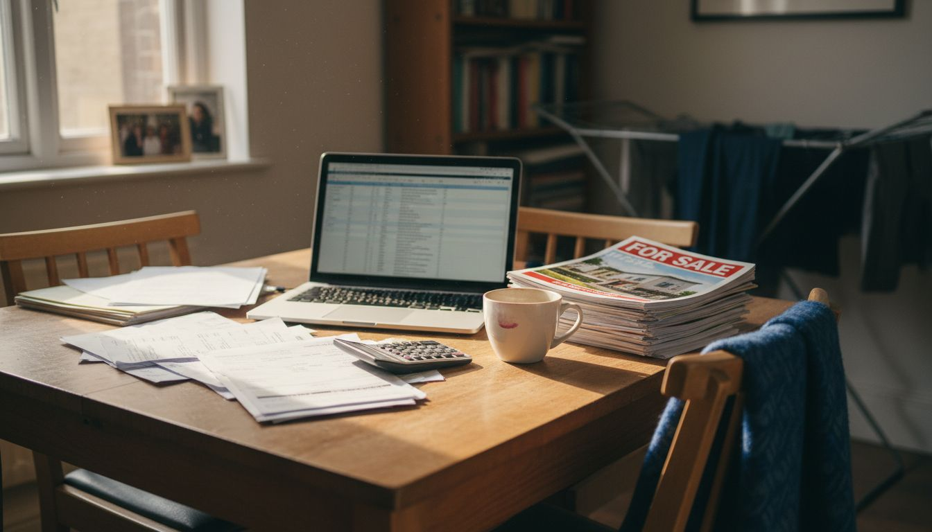 Couple calculating conveyancing search costs at table