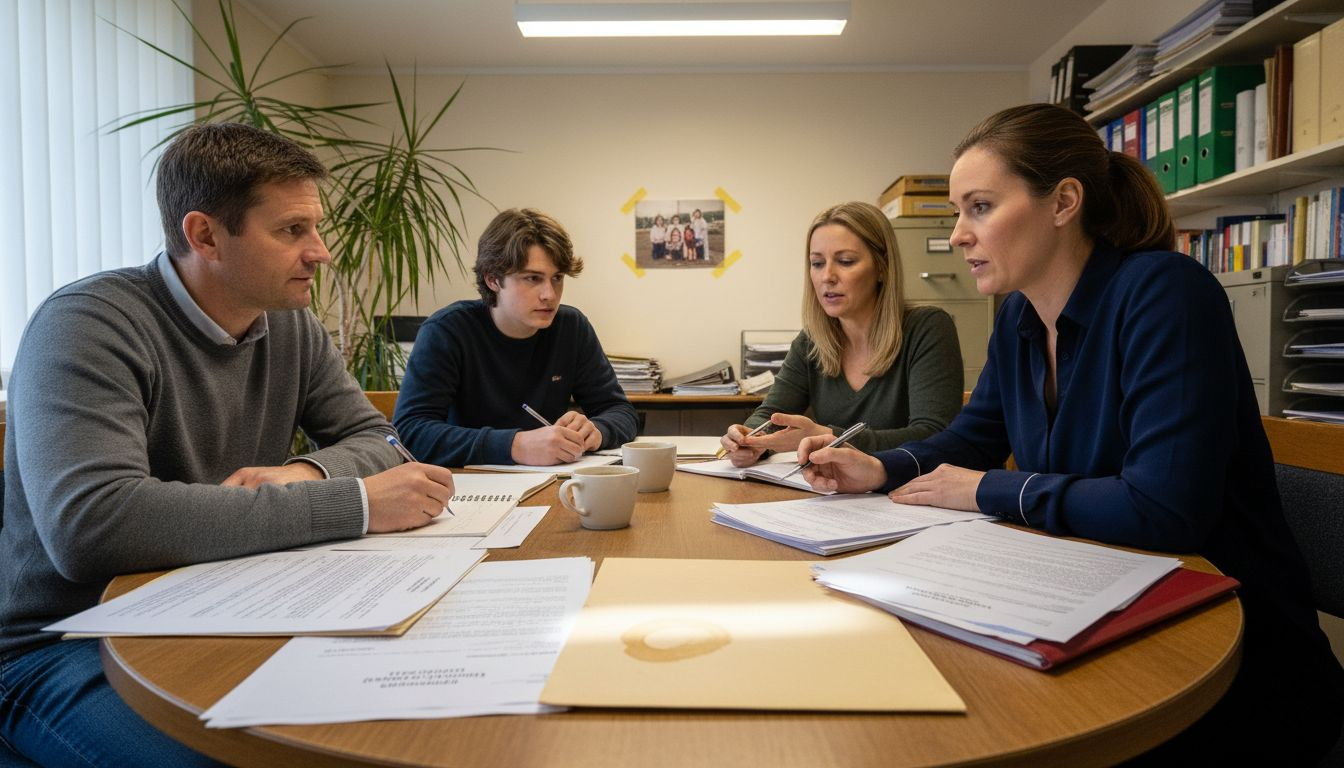 Conveyancer discussing legal documents with family