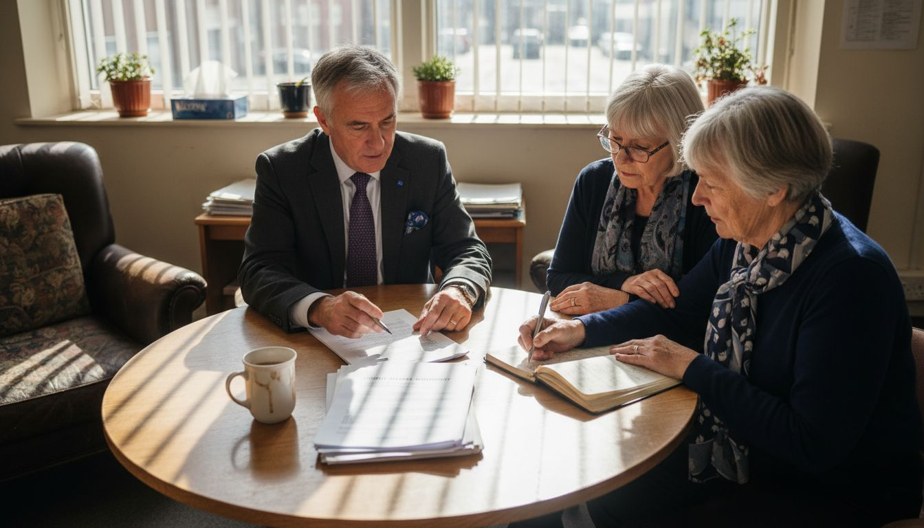 Conveyancer explaining contract to senior couple