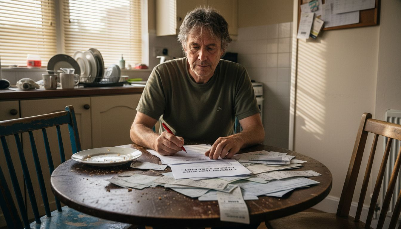 Man reviewing divorce paperwork at home
