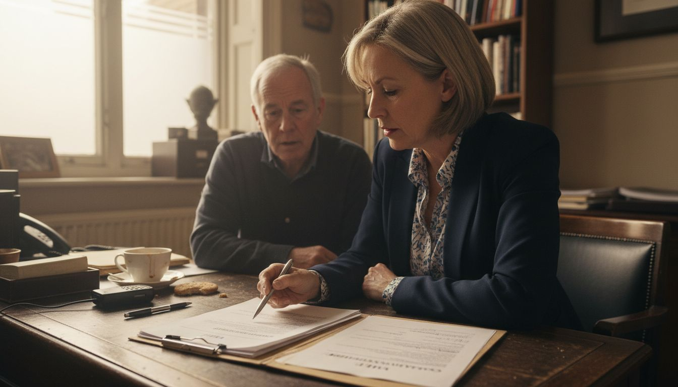 Solicitor and client reviewing will and guardianship papers