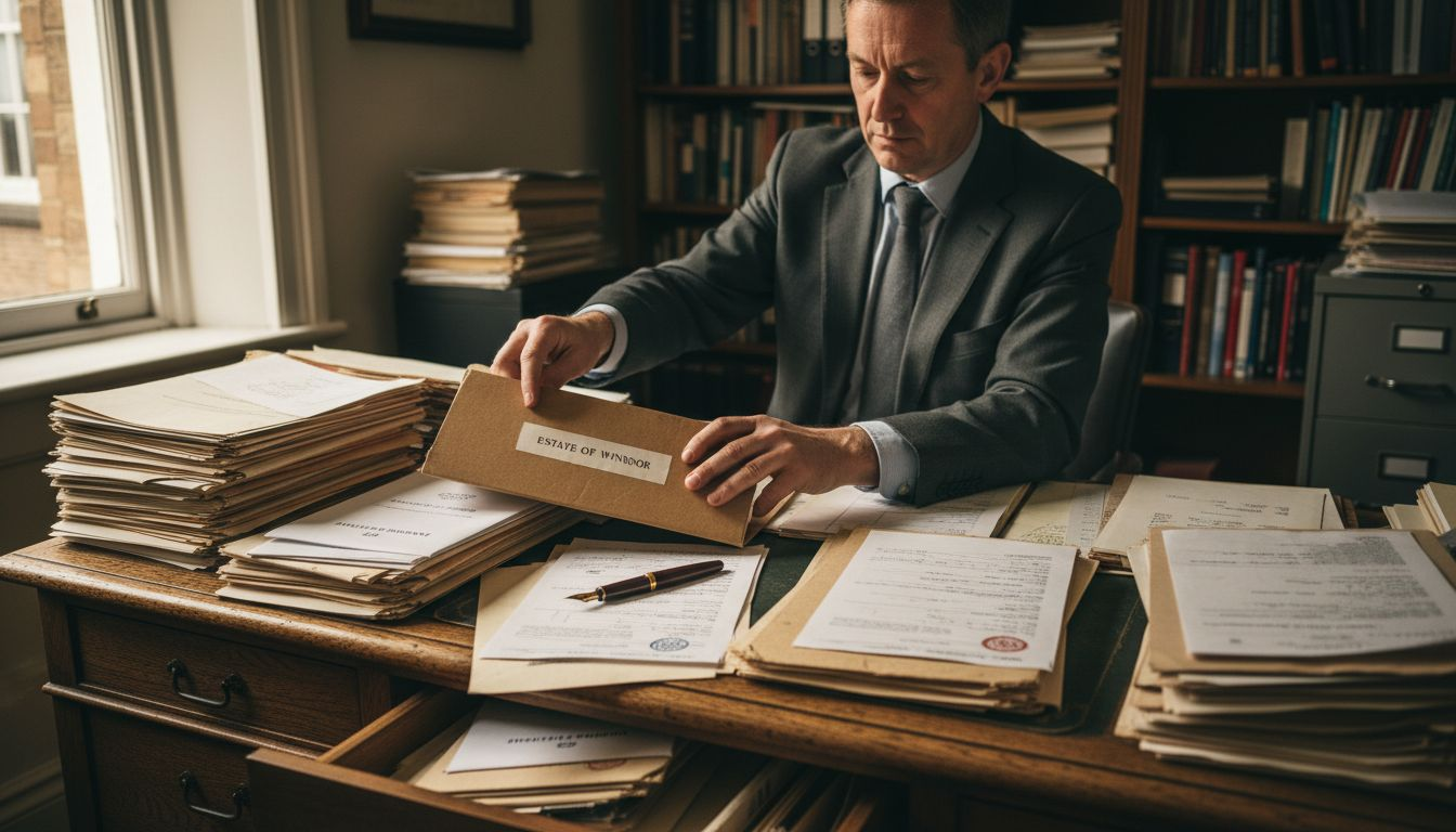 Solicitor reviewing probate documents in office